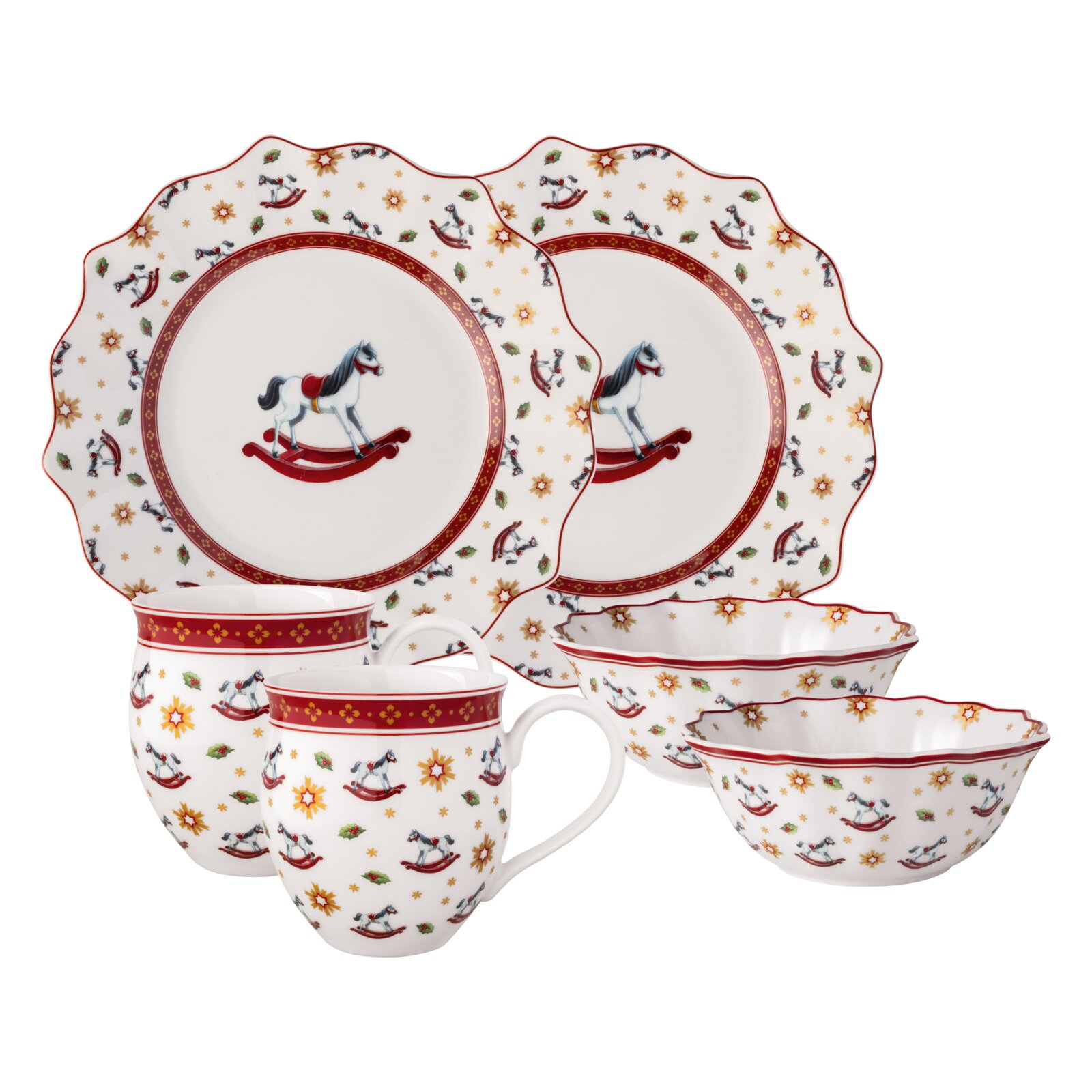 Villeroy & Boch Ontbijtset, 6-delig, SCHOMMELPAARD Ontbijtset met schommelpaardmotief, bestaande uit twee borden, twee kopjes en twee schalen, gezien vanaf de voorkant.