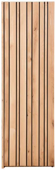 Frontale Ansicht einer Holztür mit vertikalen schwarzen Streifen, verwendet für einen Garderobenschrank.