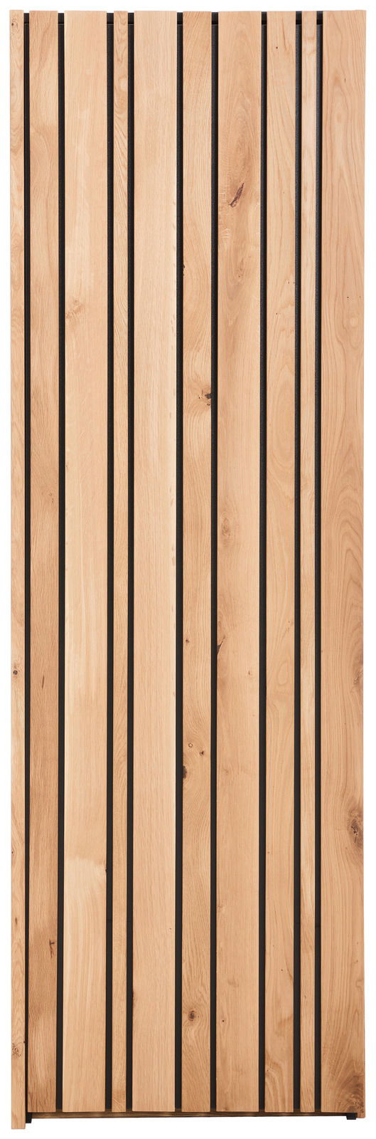 Frontale Ansicht einer Holztür mit vertikalen schwarzen Streifen, verwendet für einen Garderobenschrank.