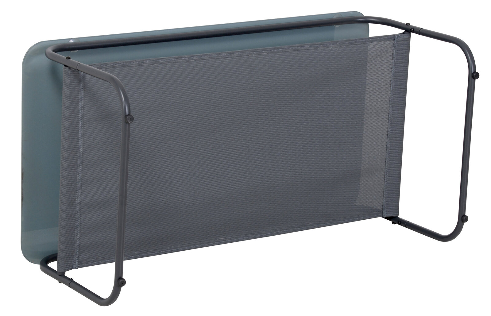 Seitliche Ansicht eines zusammenklappbaren Gestells, das Teil einer Loungegarnitur ist.