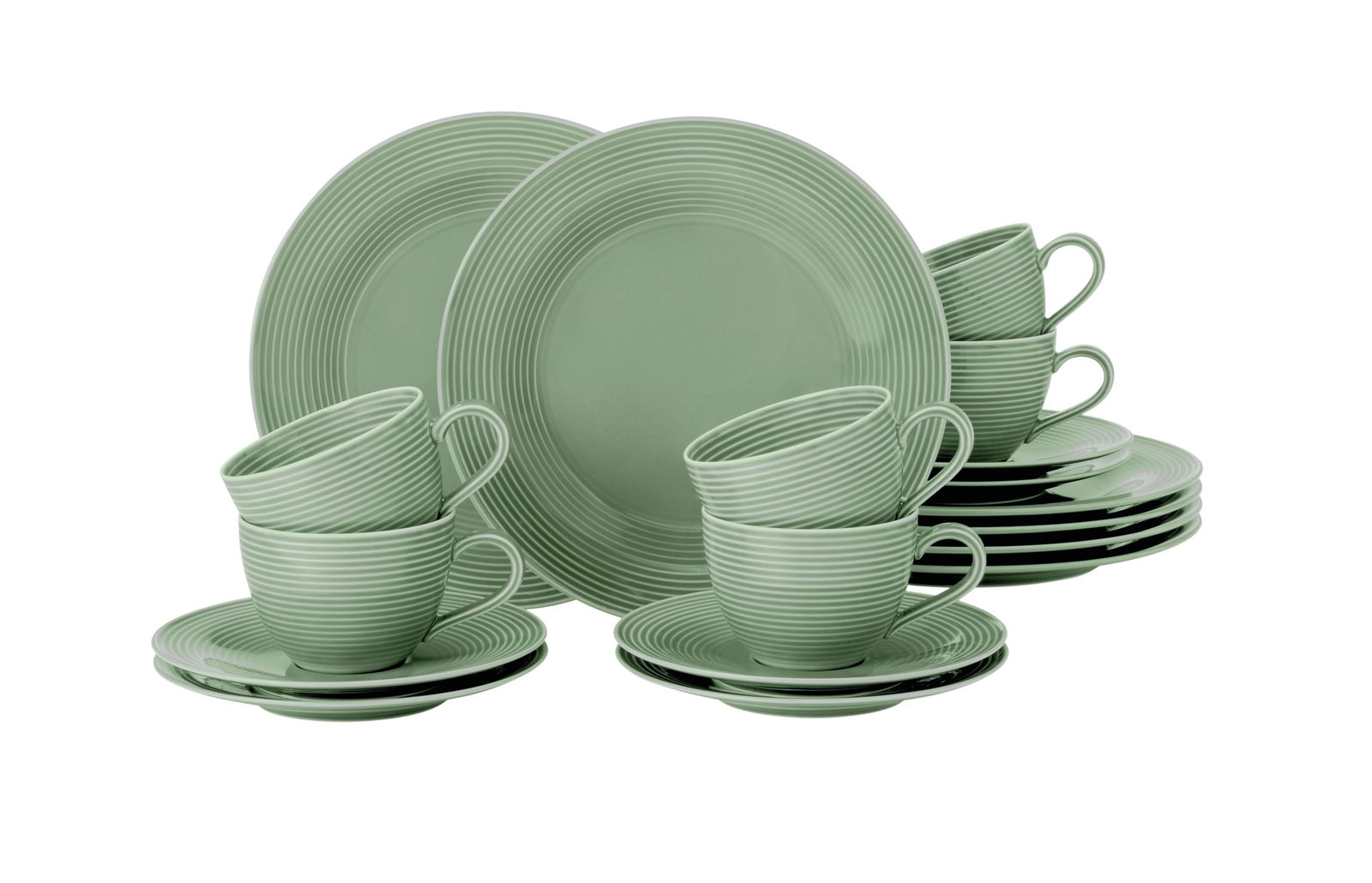 Grünes Kaffeeset Beat, 18-teilig, bestehend aus Tassen und Tellern mit Streifenmuster, seitliche Perspektive