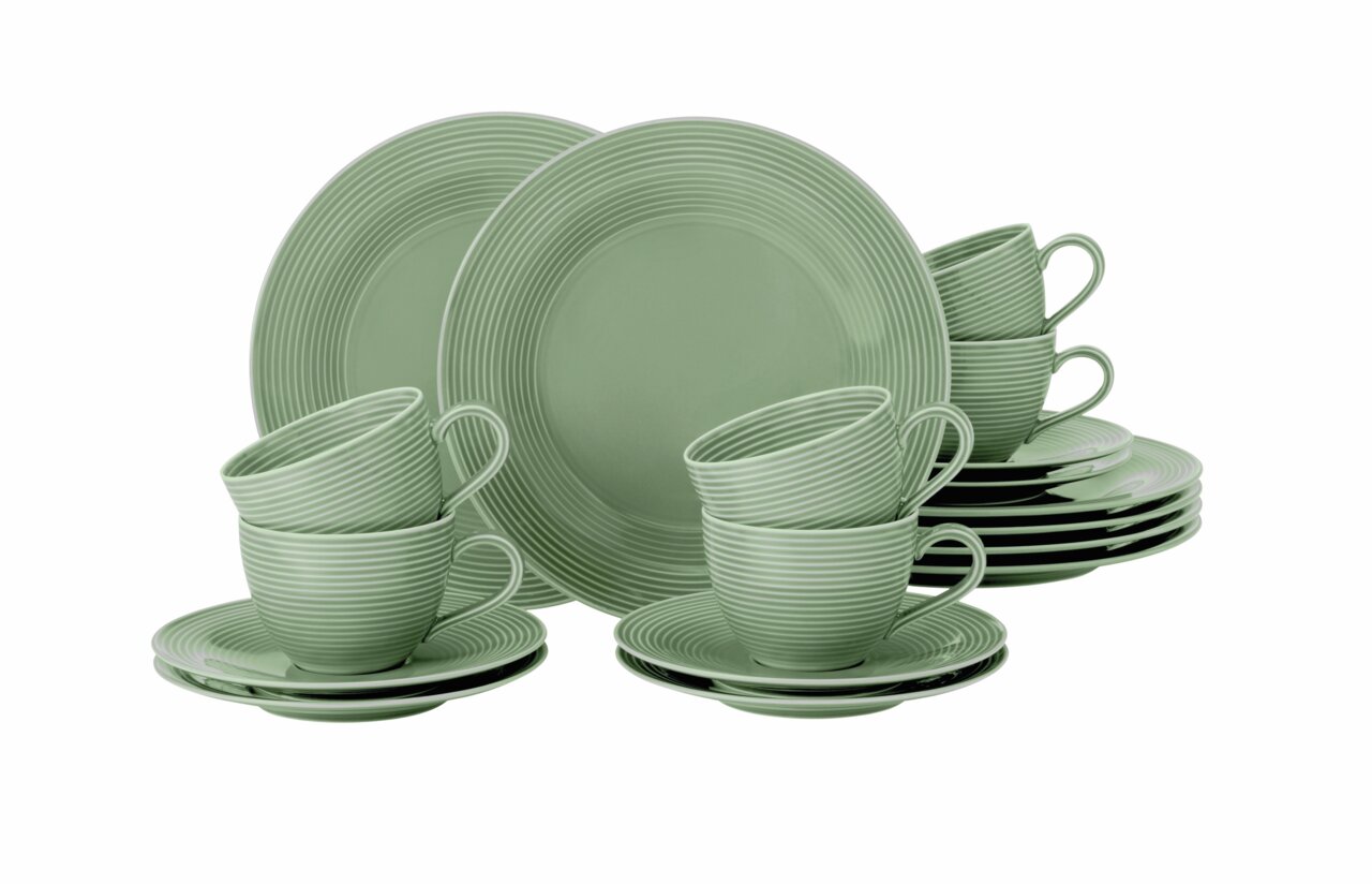Grünes Kaffeeset Beat, 18-teilig, bestehend aus Tassen und Tellern mit Streifenmuster, seitliche Perspektive