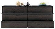 Modernes, dunkles Sideboard mit sechs Schubladen, dekoriert mit Vasen und einer Schale, Frontalansicht.