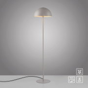 Moderne, schlanke Stehlampe in Hellgrau mit halbkugelförmigem Schirm und rundem Standfuß, warmes Licht nach unten, frontal in leichter Untersicht auf grauem Hintergrund