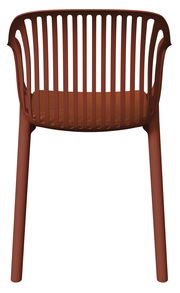 Roter Stapelsessel aus Kunststoff mit Lamellenrücken, Ansicht von hinten