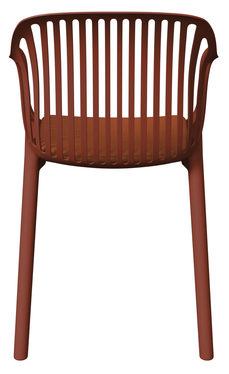 Roter Stapelsessel aus Kunststoff mit Lamellenrücken, Ansicht von hinten