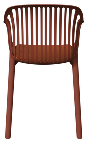 Roter Stapelsessel aus Kunststoff mit Lamellenrücken, Ansicht von hinten