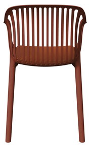 Roter Stapelsessel aus Kunststoff mit Lamellenrücken, Ansicht von hinten