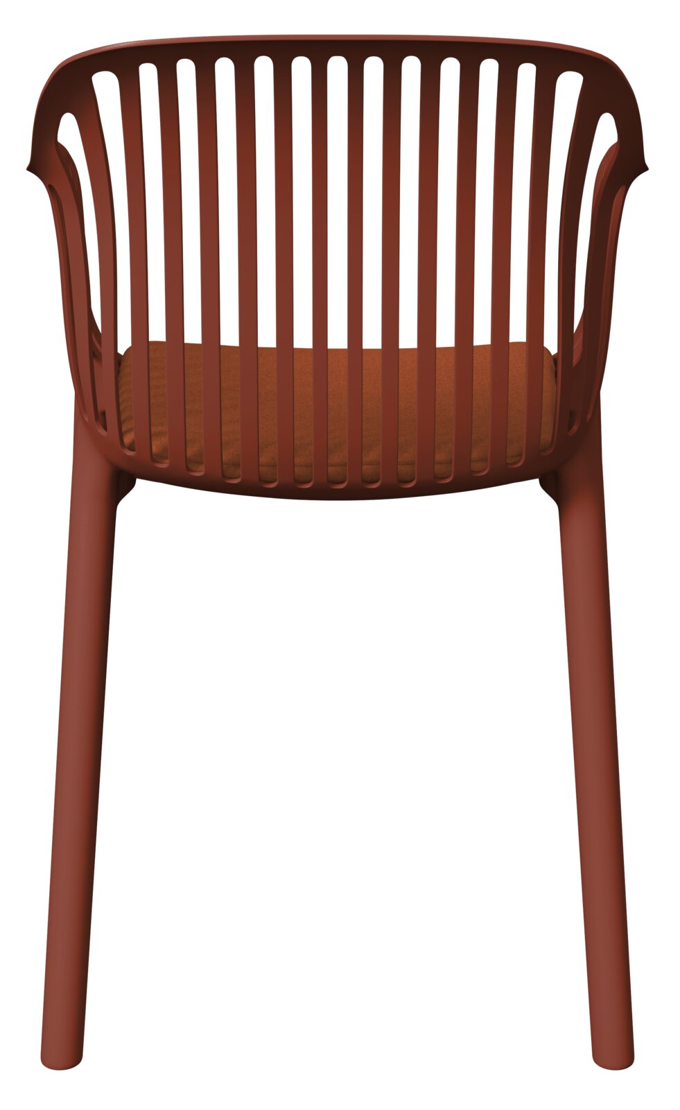 Roter Stapelsessel aus Kunststoff mit Lamellenrücken, Ansicht von hinten