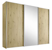 Schwebetürenschrank mit Holzoptik und mittlerem Spiegel, seitliche Perspektive