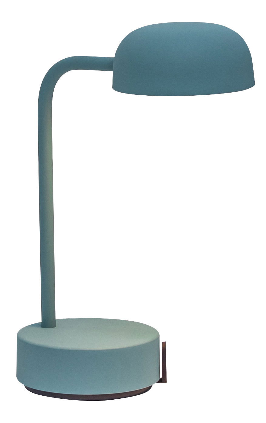 Tischlampe in rauchigem Teal mit rundem Lampenschirm und stabilem Sockel, seitliche Perspektive
