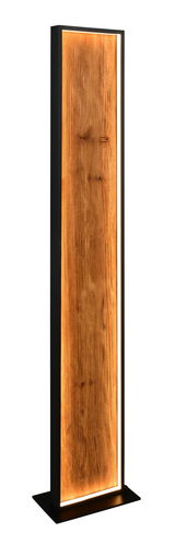Stehleuchte mit Holzoptik und warmem Licht, frontal betrachtet