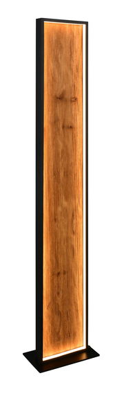 Stehleuchte mit Holzoptik und warmem Licht, frontal betrachtet