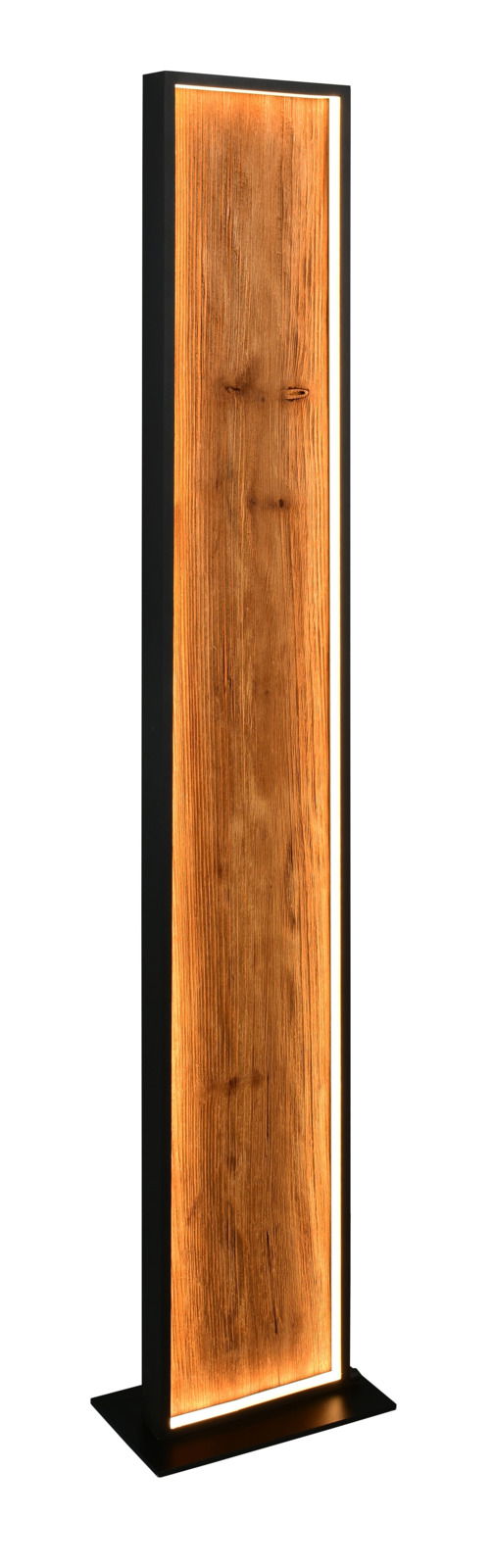 Stehleuchte mit Holzoptik und warmem Licht, frontal betrachtet