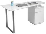 Moderner weißer Schreibtisch mit Metallbeinen, Schubladen und Zubehör, seitliche Perspektive