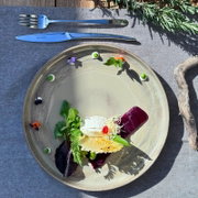Draufsicht auf einen modernen, kunstvoll angerichteten Vorspeisenteller auf grauem Tischset mit Messer und Gabel; im großen Keramikteller liegen frische Blattsalate, ein cremiger Dip, rote Bete und kleine Garnituren.