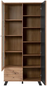 Vitrine aus Holz mit zwei Glastüren, mehreren Regalböden und zwei Schubladen, frontal betrachtet.