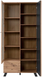 Vitrine aus Holz mit zwei Glastüren, mehreren Regalböden und zwei Schubladen, frontal betrachtet.