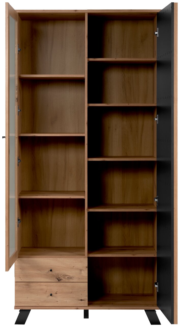 Vitrine aus Holz mit zwei Glastüren, mehreren Regalböden und zwei Schubladen, frontal betrachtet.