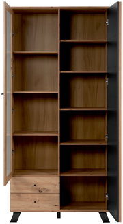 Vitrine aus Holz mit zwei Glastüren, mehreren Regalböden und zwei Schubladen, frontal betrachtet.