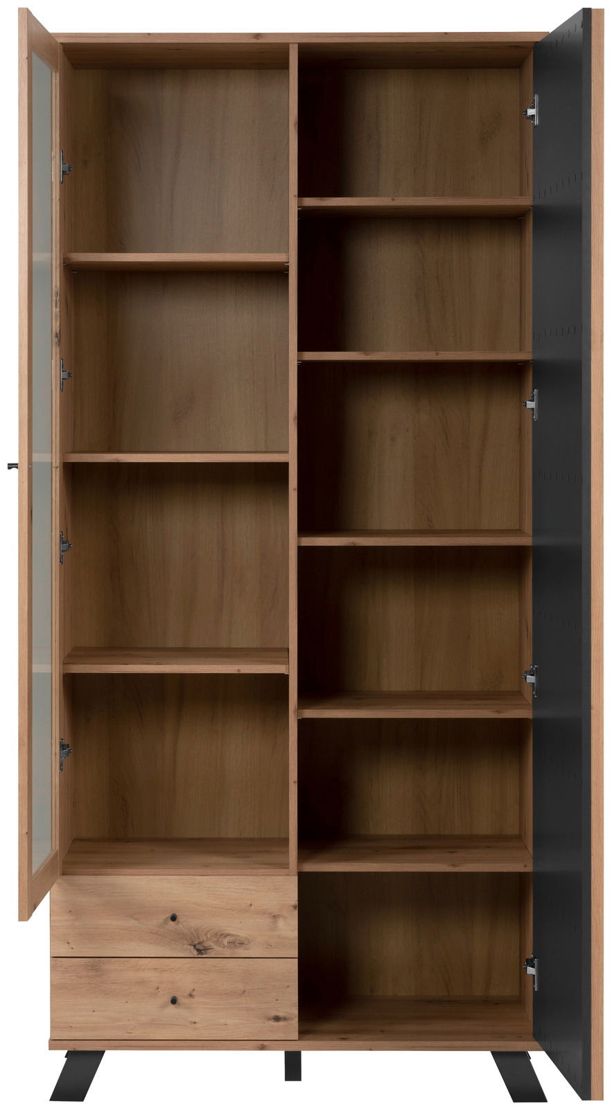 Vitrine aus Holz mit zwei Glastüren, mehreren Regalböden und zwei Schubladen, frontal betrachtet.