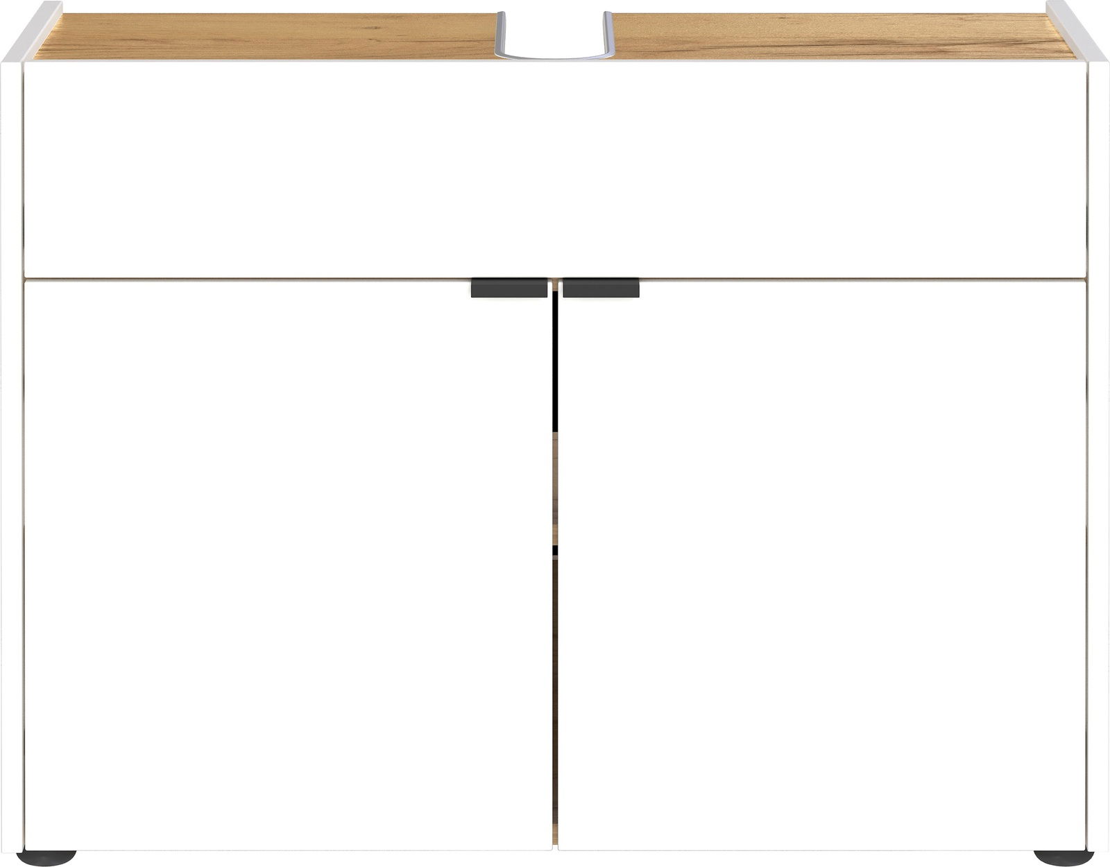 Frontansicht eines modernen weißen Waschbeckenunterschranks mit Holzoberfläche und zwei Türen.