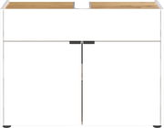 Frontansicht eines modernen weißen Waschbeckenunterschranks mit Holzoberfläche und zwei Türen.