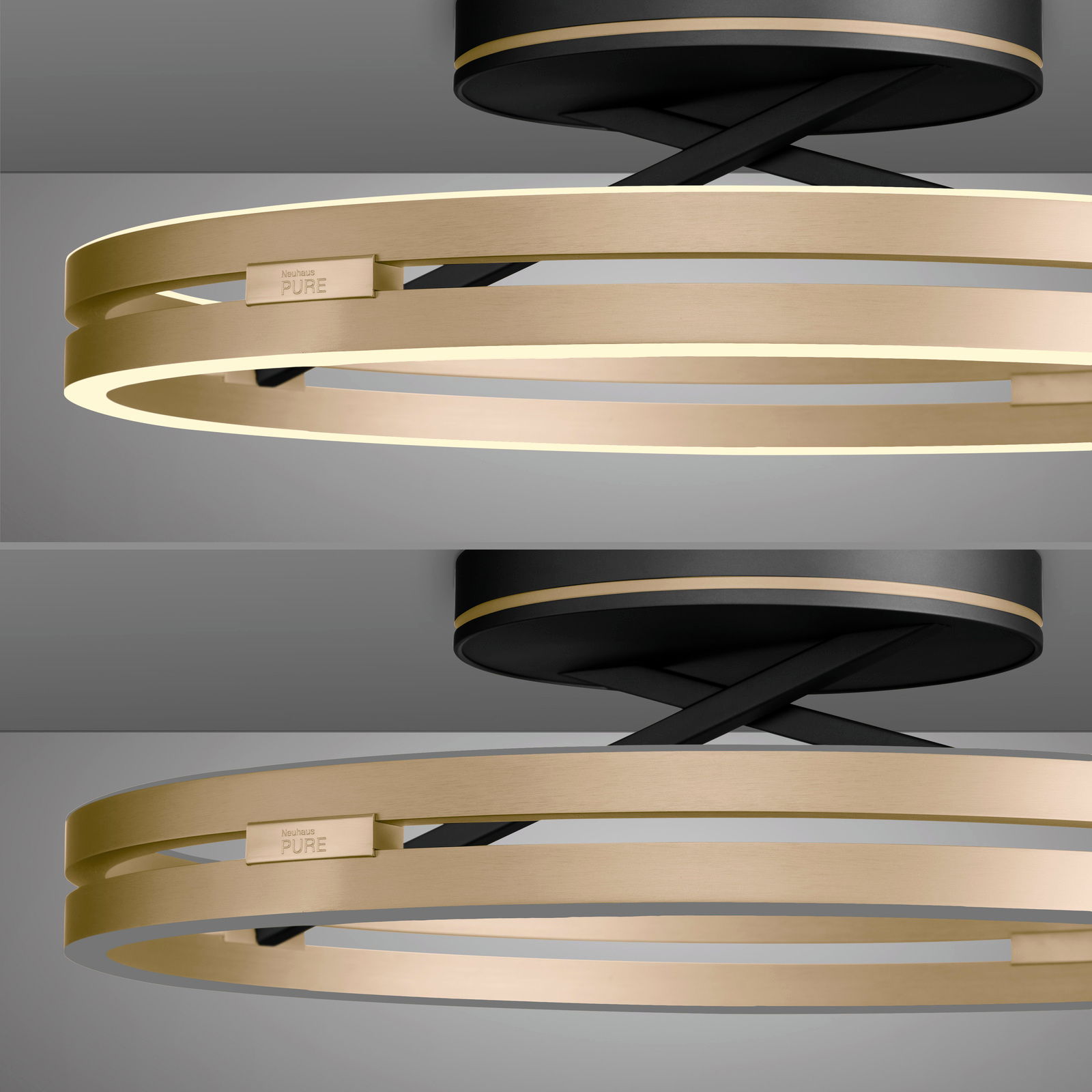 Moderne Deckenleuchte PURE Loop in Gold und Schwarz, seitliche Perspektive