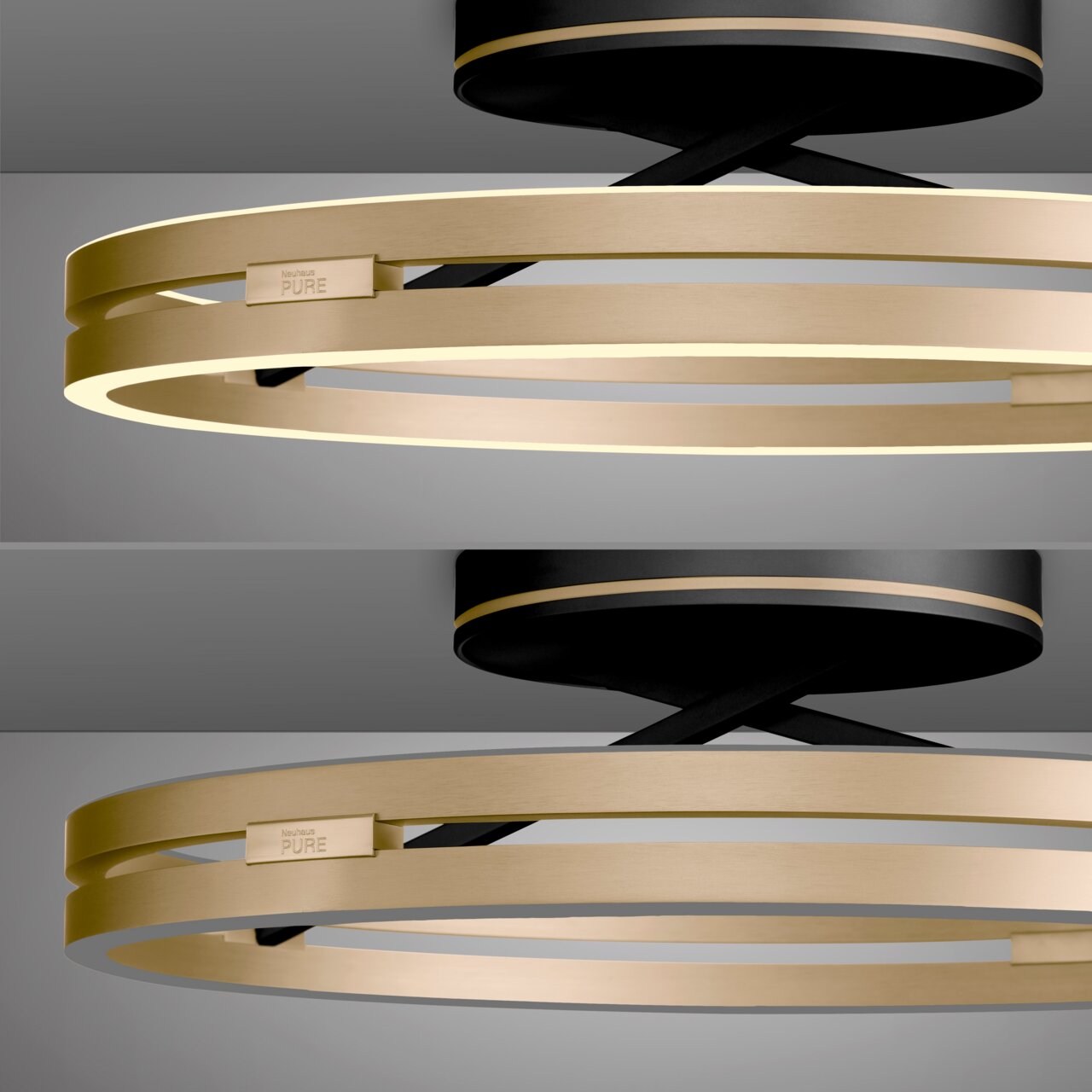 Moderne Deckenleuchte PURE Loop in Gold und Schwarz, seitliche Perspektive