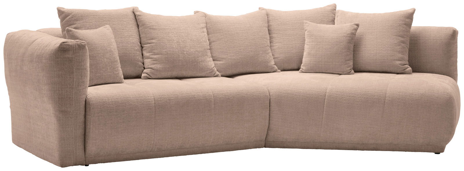 Beige Rundecke Sofa mit mehreren Kissen, seitliche Perspektive