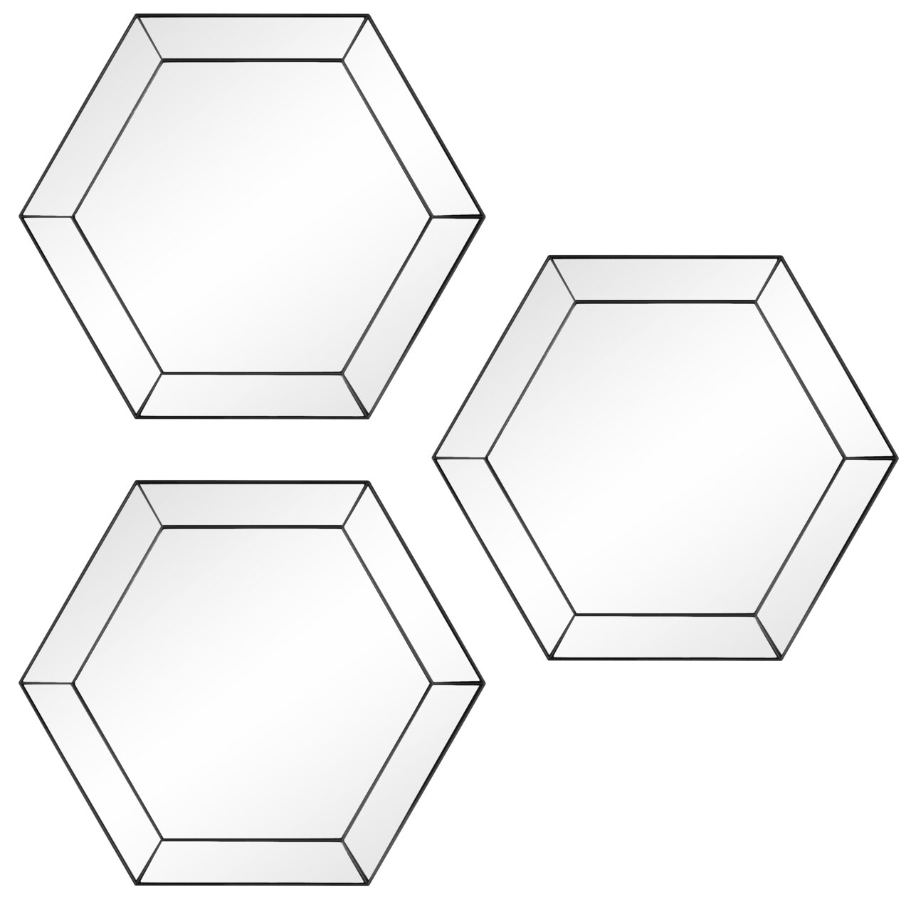 Dreiteiliges Spiegel-Set in Wabenform, aus der Vorderansicht fotografiert.