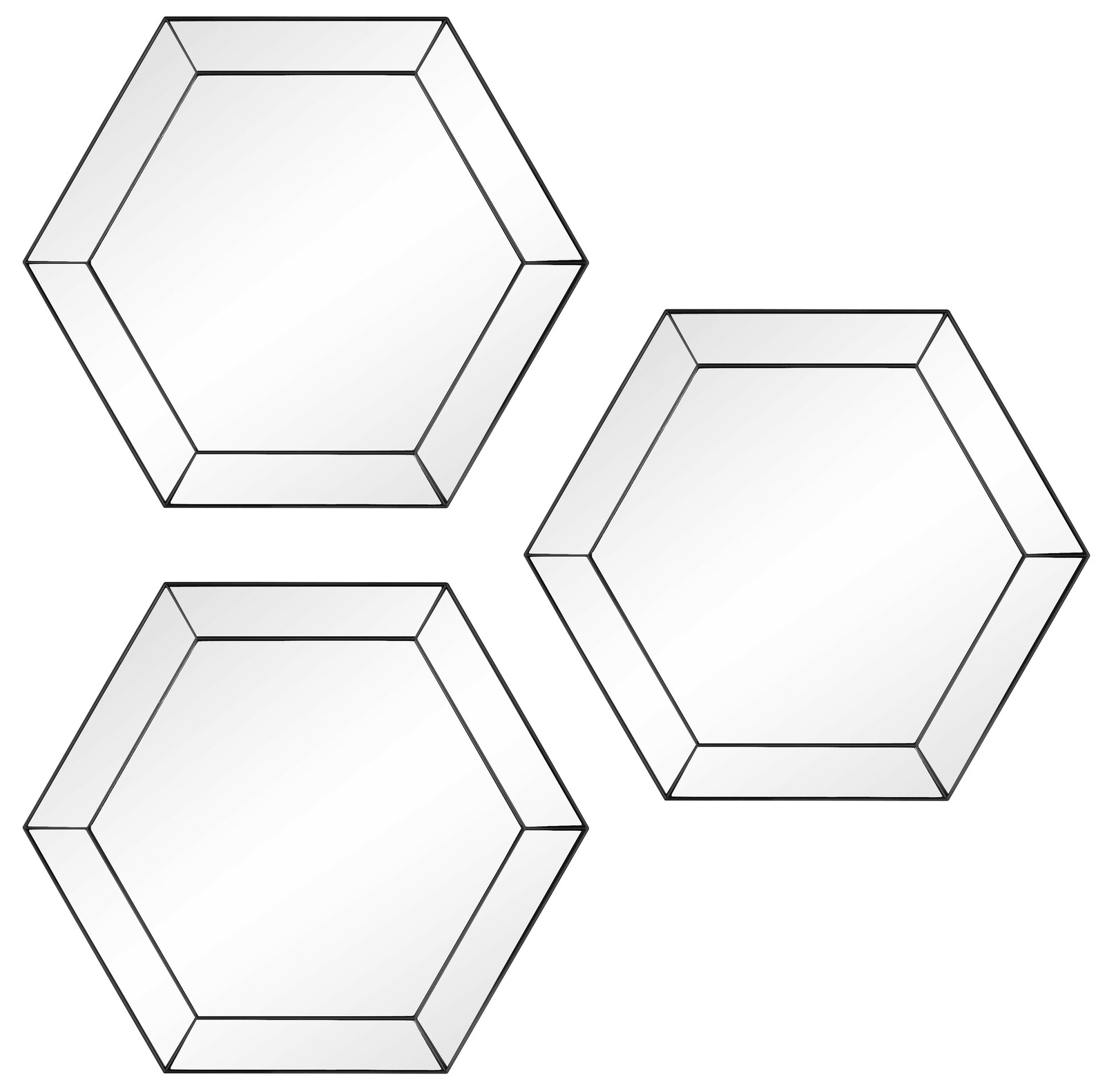 Dreiteiliges Spiegel-Set in Wabenform, aus der Vorderansicht fotografiert.