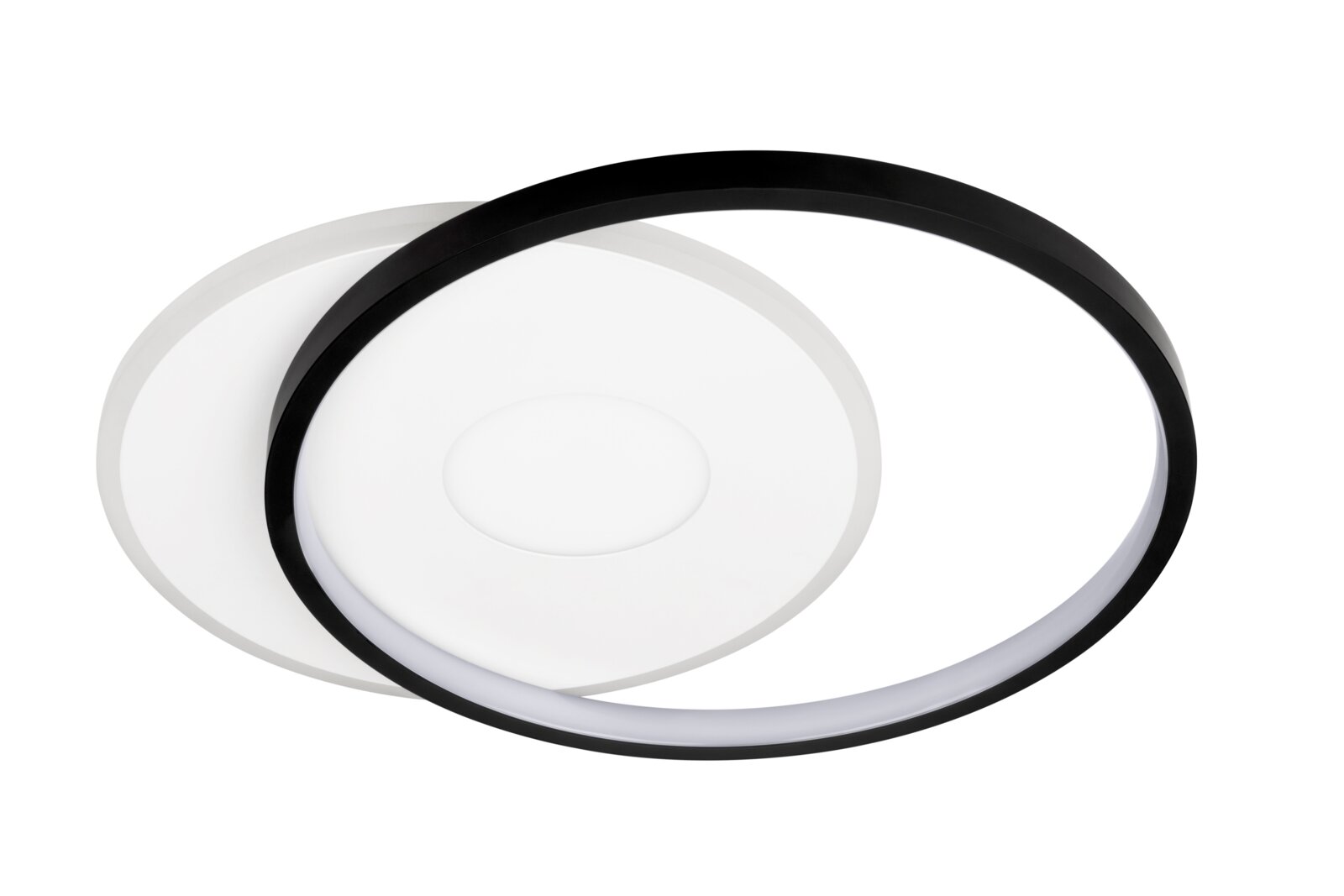 Moderne LED-Deckenleuchte in Schwarz und Weiß, seitliche Perspektive