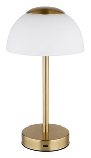 Elegante Tischleuchte mit weißem Schirm und goldfarbenem Sockel, seitliche Perspektive