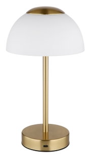 Elegante Tischleuchte mit weißem Schirm und goldfarbenem Sockel, seitliche Perspektive