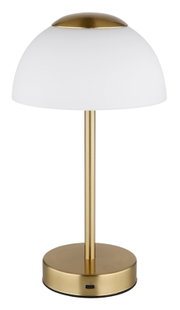 Elegante Tischleuchte mit weißem Schirm und goldfarbenem Sockel, seitliche Perspektive