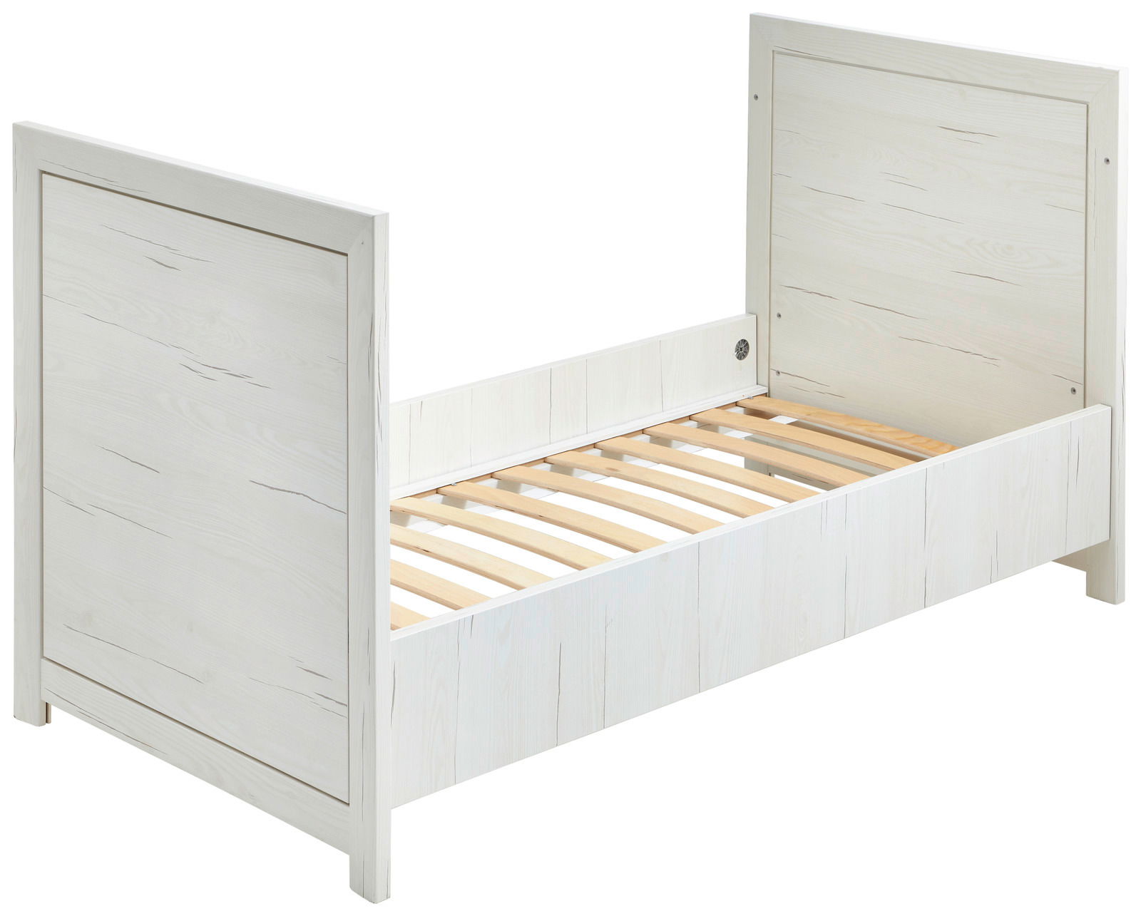 Weißes Kinderbett aus Holz mit Lattenrost, seitliche Perspektive