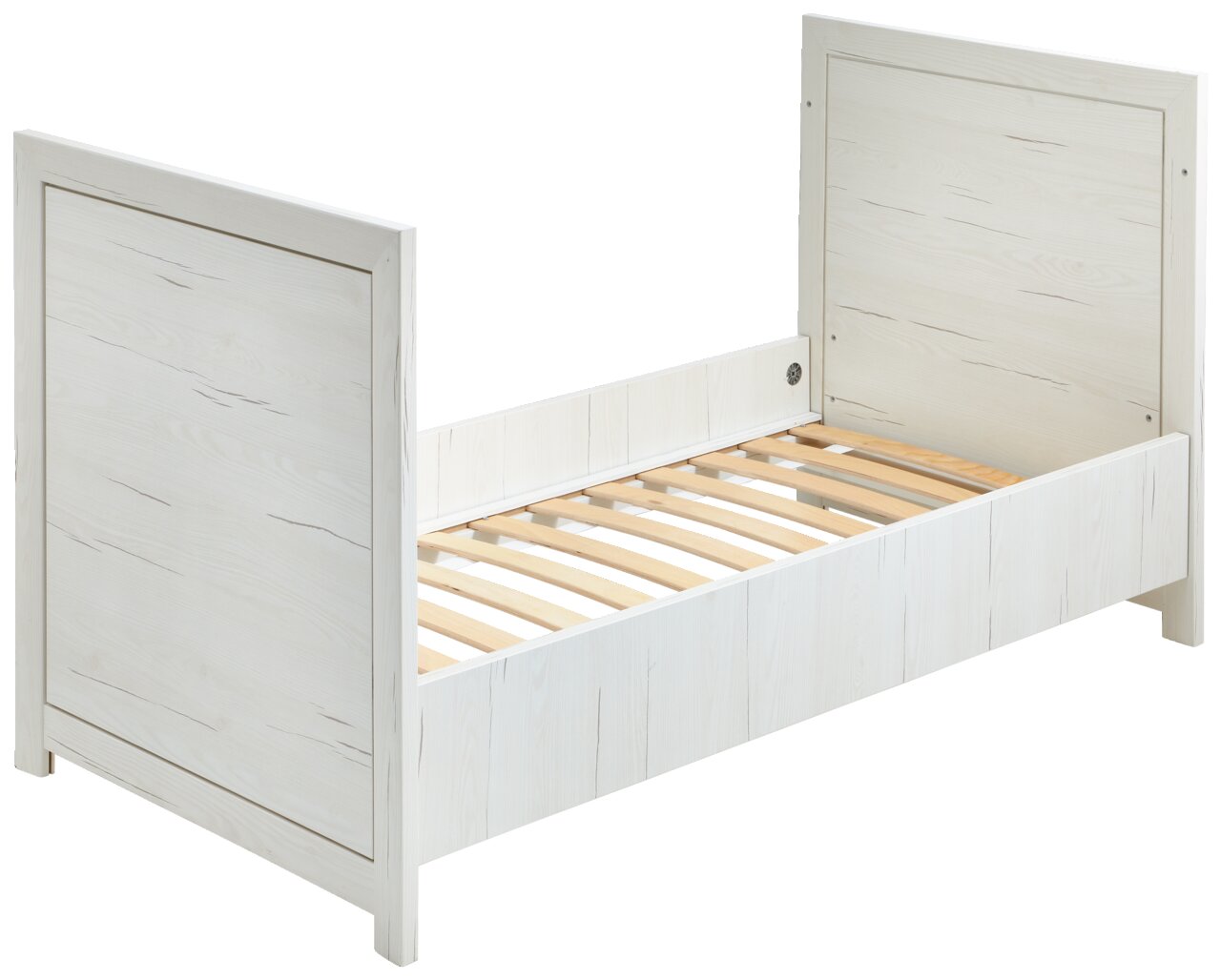 Weißes Kinderbett aus Holz mit Lattenrost, seitliche Perspektive