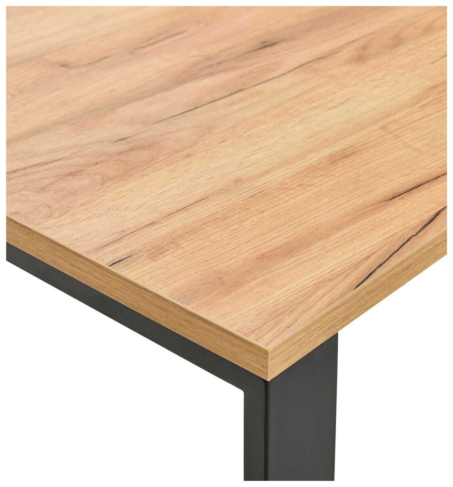 Nahaufnahme einer Tischplatte aus Holz mit natürlicher Maserung und einem stabilen, schwarzen Metallbein. Perspektive von oben.