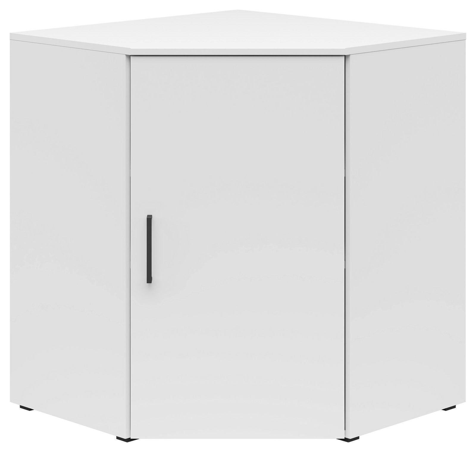 Weiße Eckkommode mit einer Tür und schwarzem Griff, frontale Perspektive