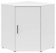 Weiße Eckkommode mit einer Tür und schwarzem Griff, frontale Perspektive