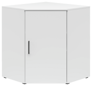 Weiße Eckkommode mit einer Tür und schwarzem Griff, frontale Perspektive