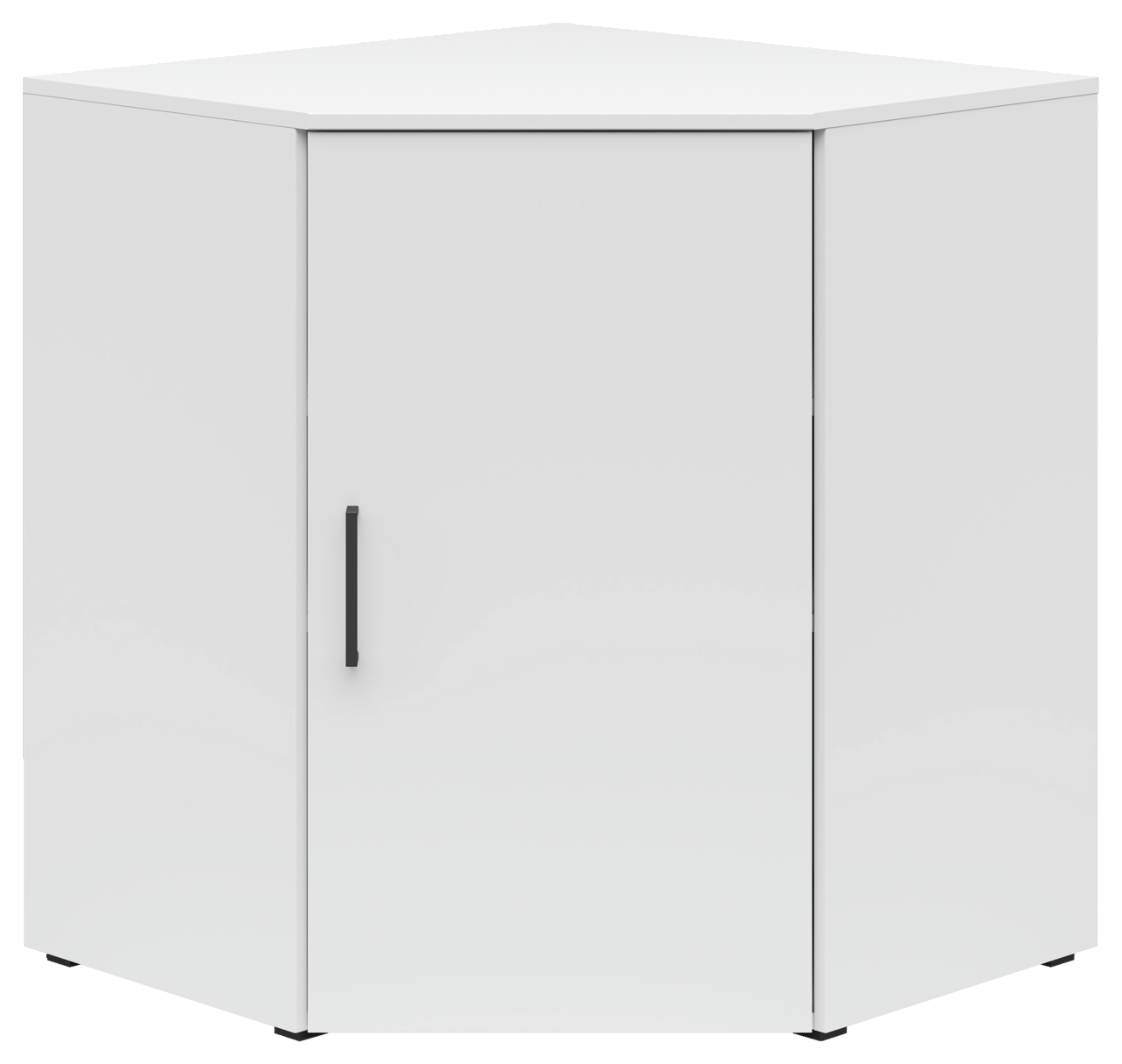 Weiße Eckkommode mit einer Tür und schwarzem Griff, frontale Perspektive