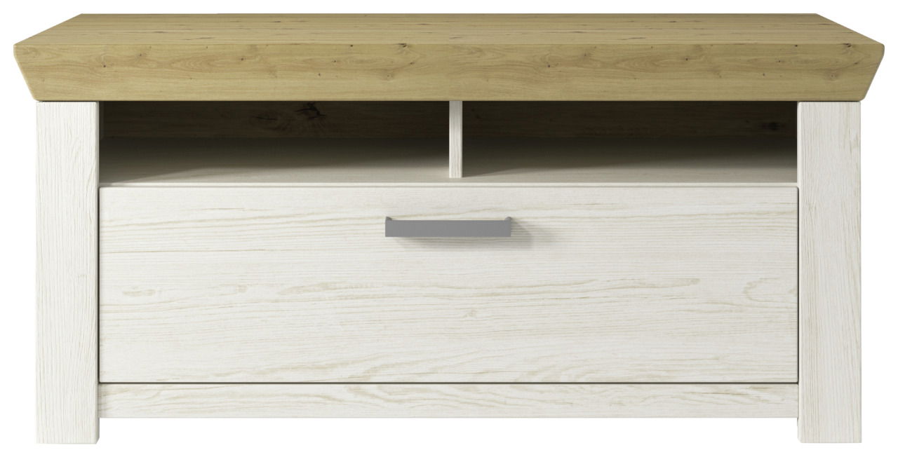 Frontale Ansicht eines modernen Garderoben-Sets mit hellem Holzdesign, einer Schublade und einem offenen Fach.