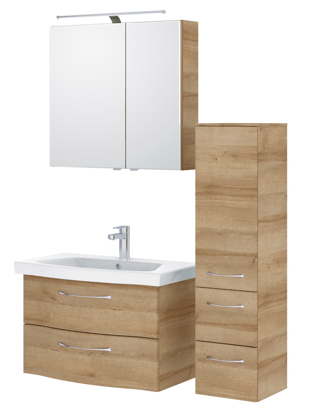 Badezimmermöbel-Set in Holzoptik mit Waschbecken, Spiegelschrank und hohem Schrank, Frontalansicht