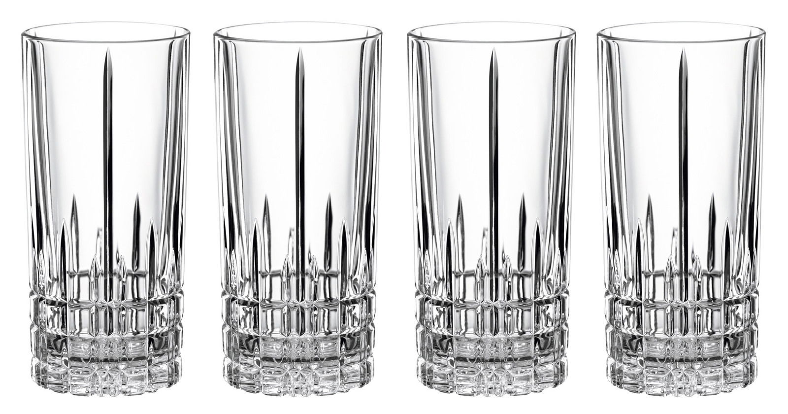 Vier elegante Longdrinkgläser aus Kristallglas, frontal abgebildet, mit einem stilvollen Schliffdesign.