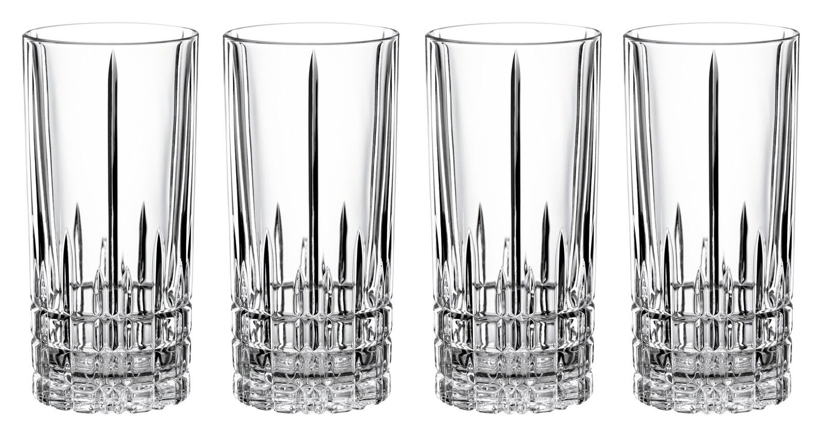 Vier elegante Longdrinkgläser aus Kristallglas, frontal abgebildet, mit einem stilvollen Schliffdesign.