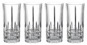 Vier elegante Longdrinkgläser aus Kristallglas, frontal abgebildet, mit einem stilvollen Schliffdesign.