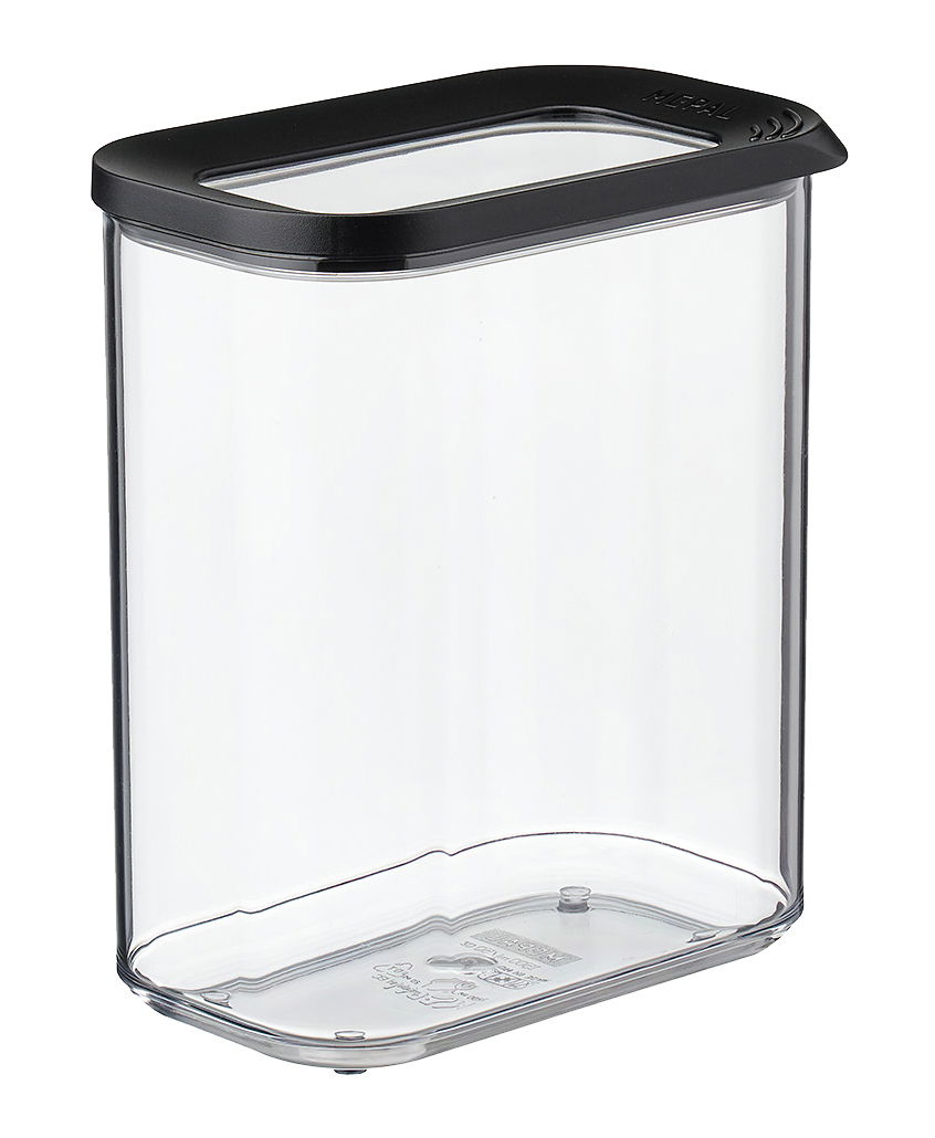 Transparente Vorratsdose Modula 1500 ml mit schwarzem Deckel, seitliche Perspektive