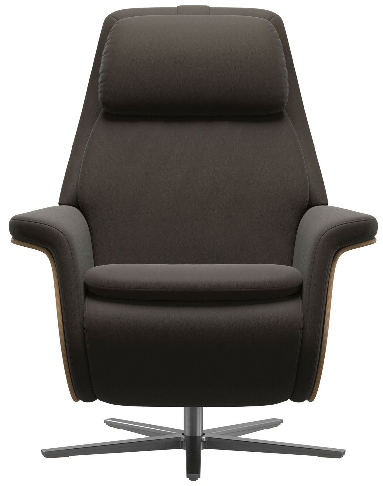 Moderner brauner Fernsehsessel mit hoher Rückenlehne und Metallfuß, Frontalansicht.